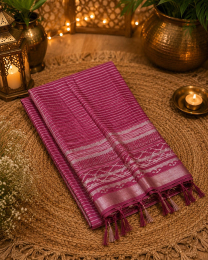 Magenta Pink Linen Bagru Print Saree with Striped Body & Ethnic Border