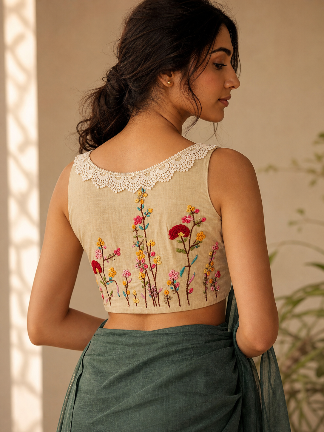 Pure Cotton Air Neck Floral Thread Embroidered Sleeveless Blouse with White Lace Neckline