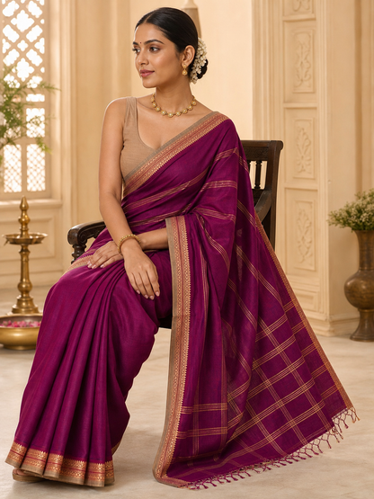 Pure Cotton Handloom Magenta Woven Saree with Gold Zari Border and Tassel Pallu on model