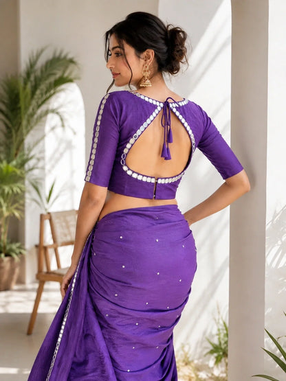 Purple Pure Cotton Handwork Mirror Work Blouse with Glass Embellished Sweetheart Neck