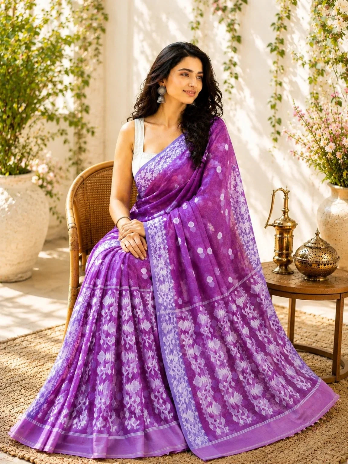 Purple Muslin Jamdani Saree seated model image
