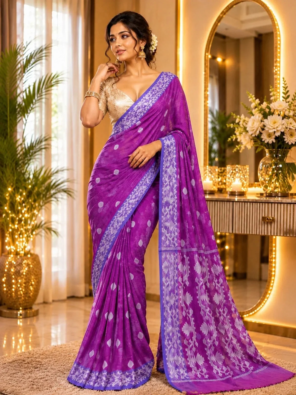 Purple Muslin Jamdani Saree model image
