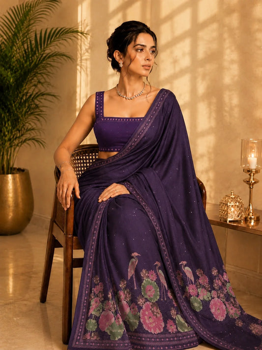 Purple Tussar Boutique Saree with Lotus Pond & Heron Floral Artistic Border