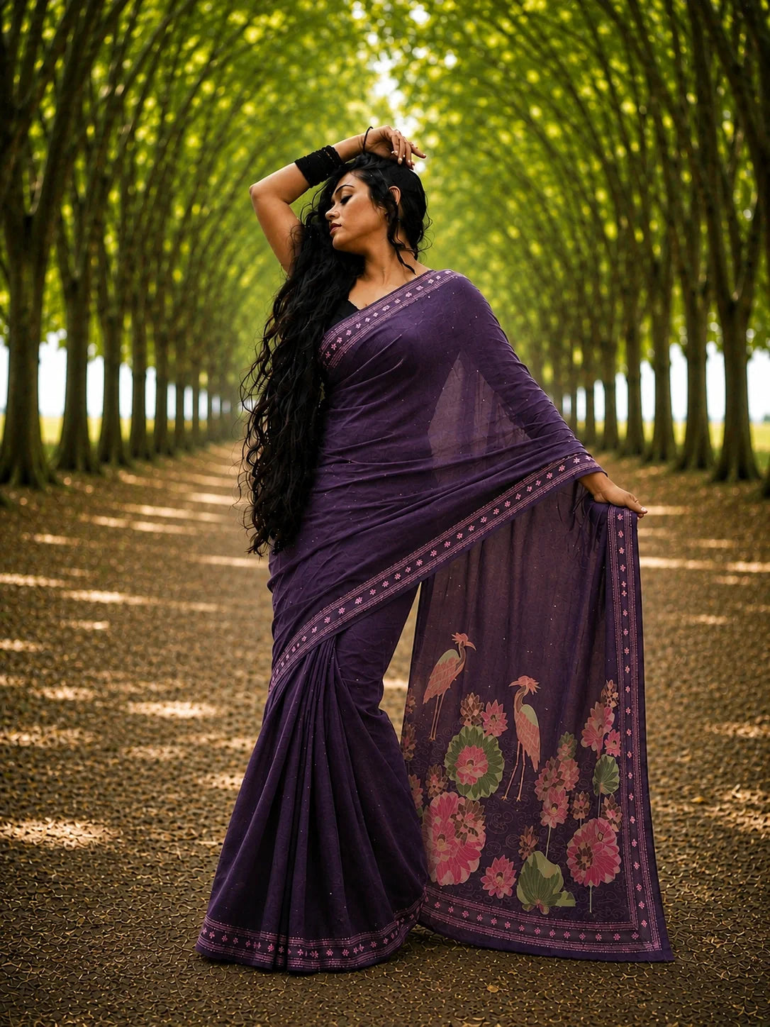 Purple Tussar Boutique Saree with Lotus Pond & Heron Floral Artistic Border