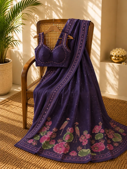 Purple Tussar Boutique Saree with Lotus Pond & Heron Floral Artistic Border