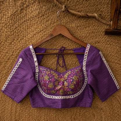 Purple Pure Cotton Handwork Mirror Work Blouse with Glass Embellished Sweetheart Neck