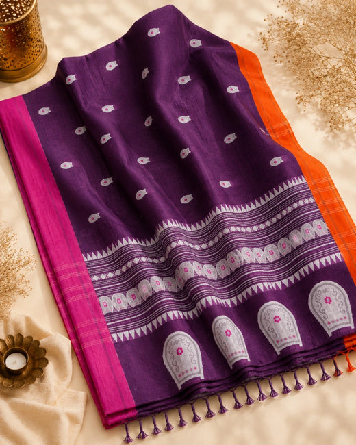Deep Purple Pure Cotton Weaving Saree with White Motifs, Pink Orange Contrast Border & Decorative Pallu