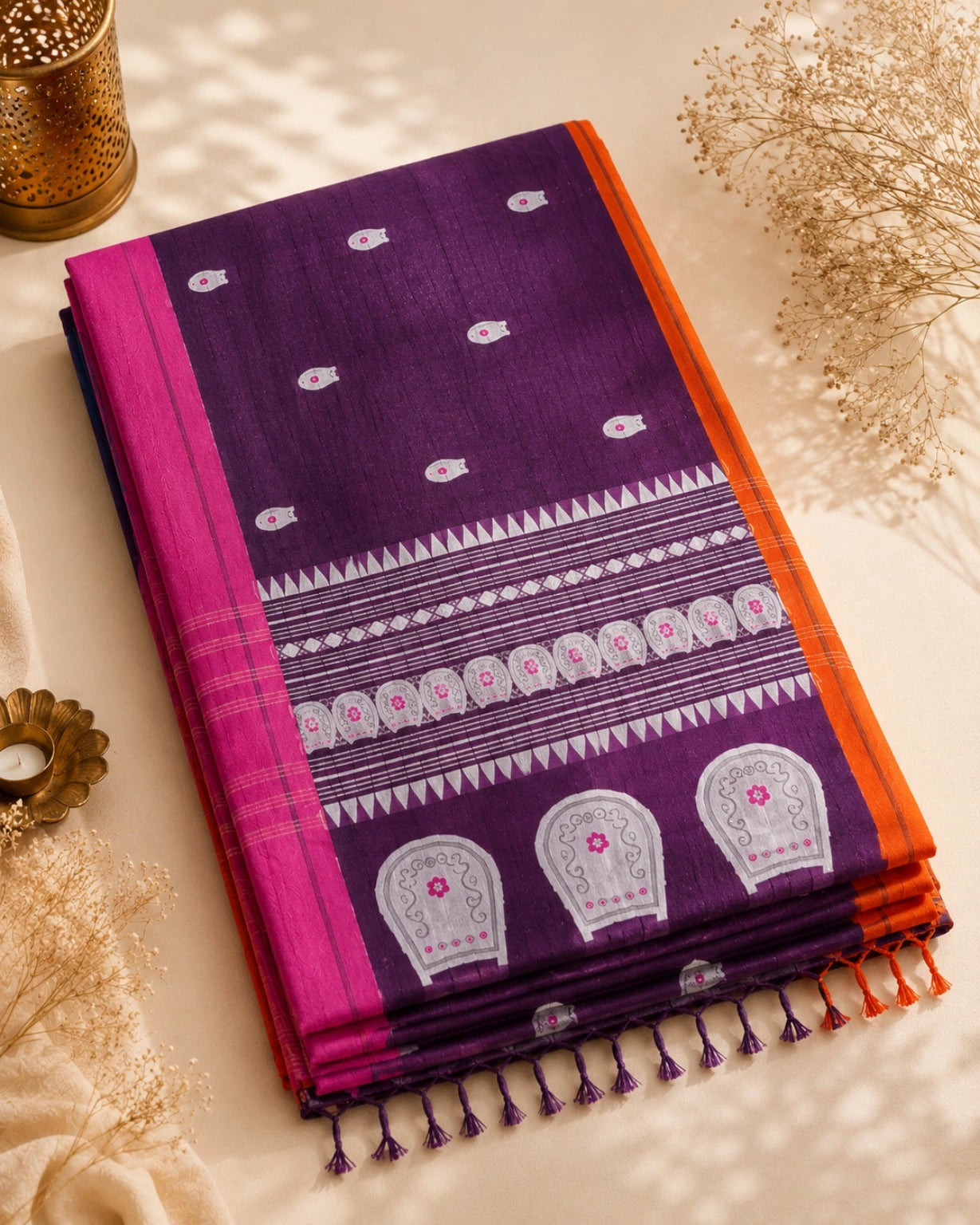 Deep Purple Pure Cotton Weaving Saree with White Motifs, Pink Orange Contrast Border & Decorative Pallu