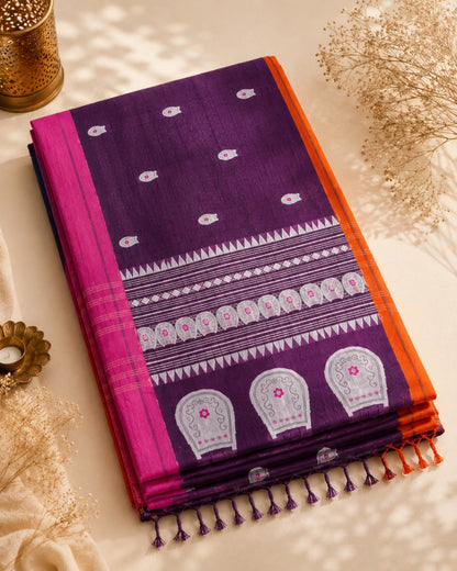 Deep Purple Pure Cotton Weaving Saree with White Motifs, Pink Orange Contrast Border & Decorative Pallu