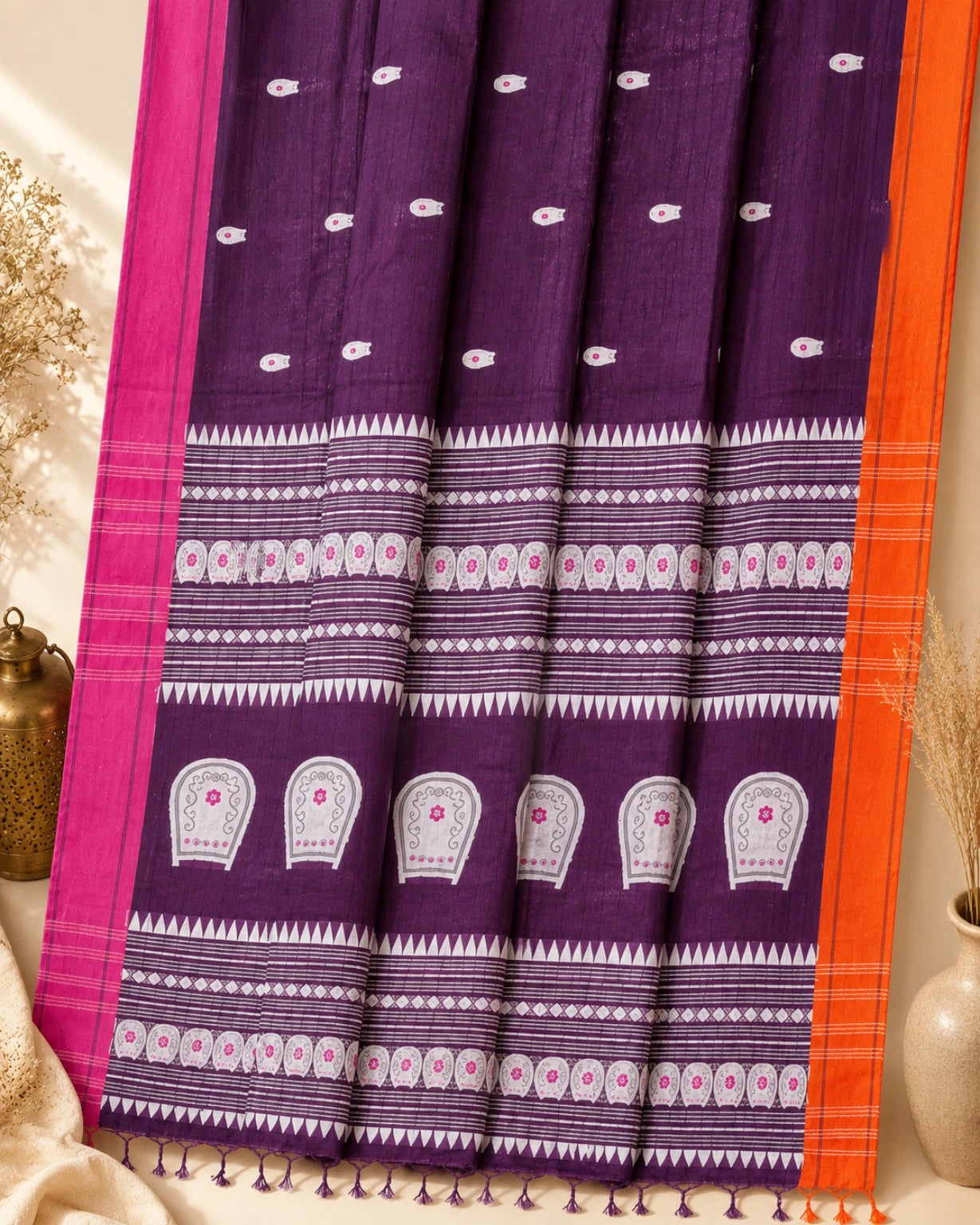 Deep Purple Pure Cotton Weaving Saree with White Motifs, Pink Orange Contrast Border & Decorative Pallu