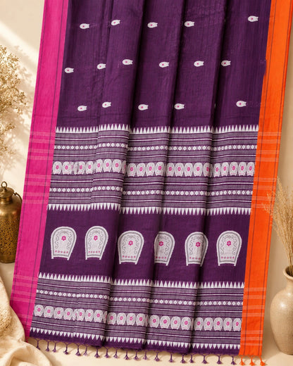 Deep Purple Pure Cotton Weaving Saree with White Motifs, Pink Orange Contrast Border & Decorative Pallu