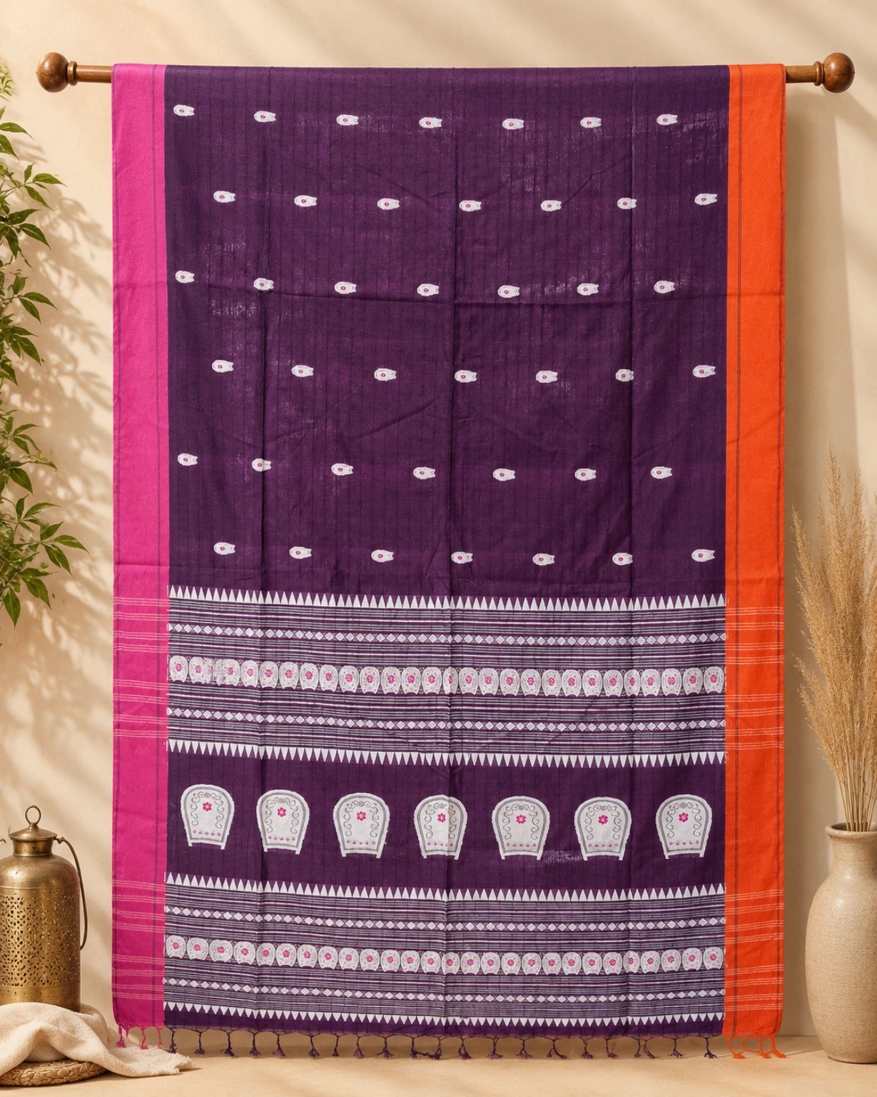 Deep Purple Pure Cotton Weaving Saree with White Motifs, Pink Orange Contrast Border & Decorative Pallu