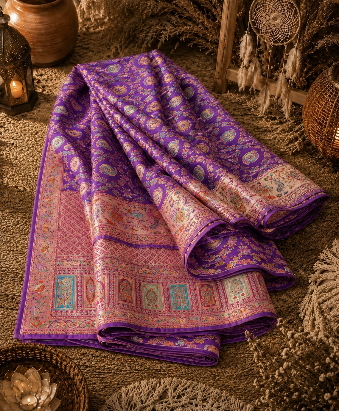 Pure Mashru Kani Silk Saree in Royal Purple with Intricate Paisley & Floral Woven Border