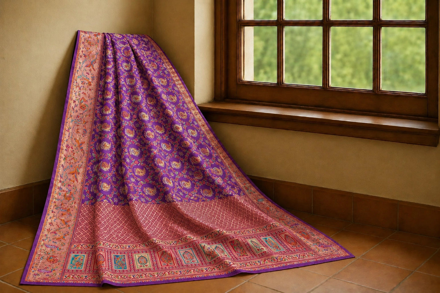 Pure Mashru Kani Silk Saree in Royal Purple with Intricate Paisley & Floral Woven Border