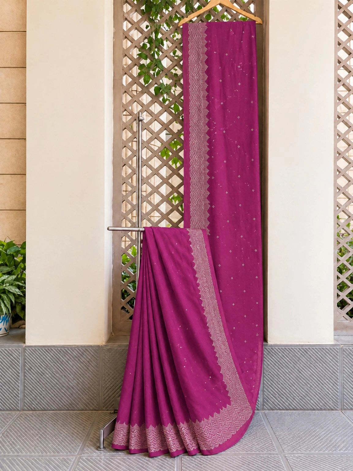 Magenta Fandy Silk Designer Saree with Silver Zigzag Border and Buti Work