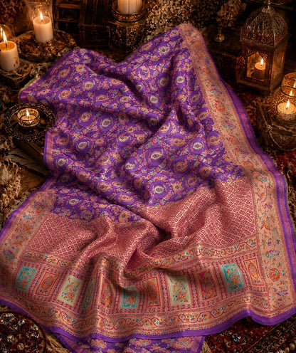 Pure Mashru Kani Silk Saree in Royal Purple with Intricate Paisley & Floral Woven Border