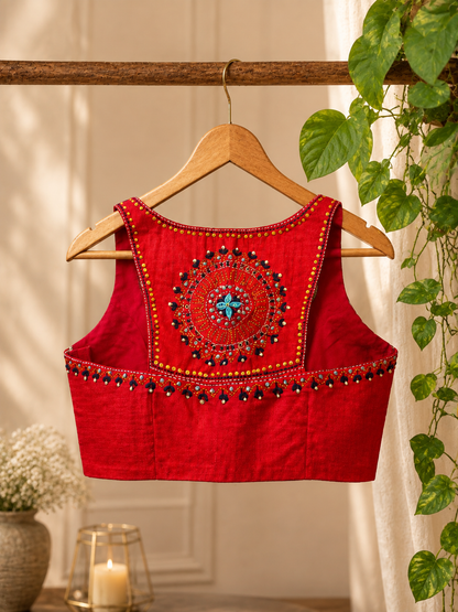 Red Cossa Silk Razor Cut Embroidered Blouse hanger image