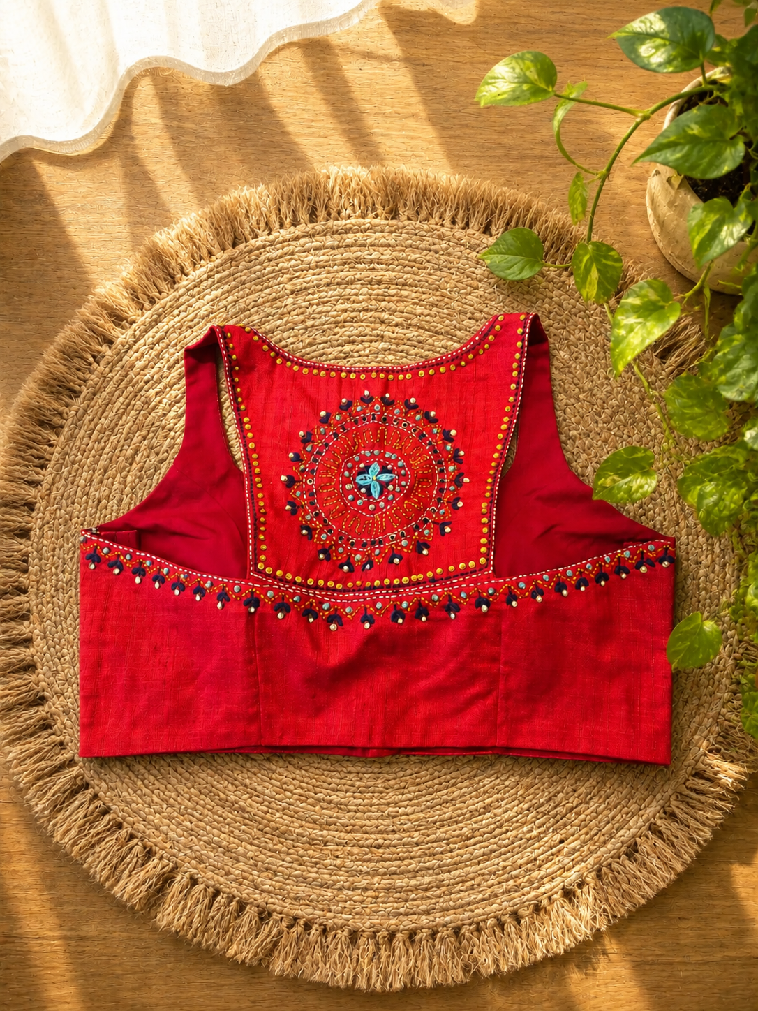 Red Cossa Silk Razor Cut Embroidered Blouse product image