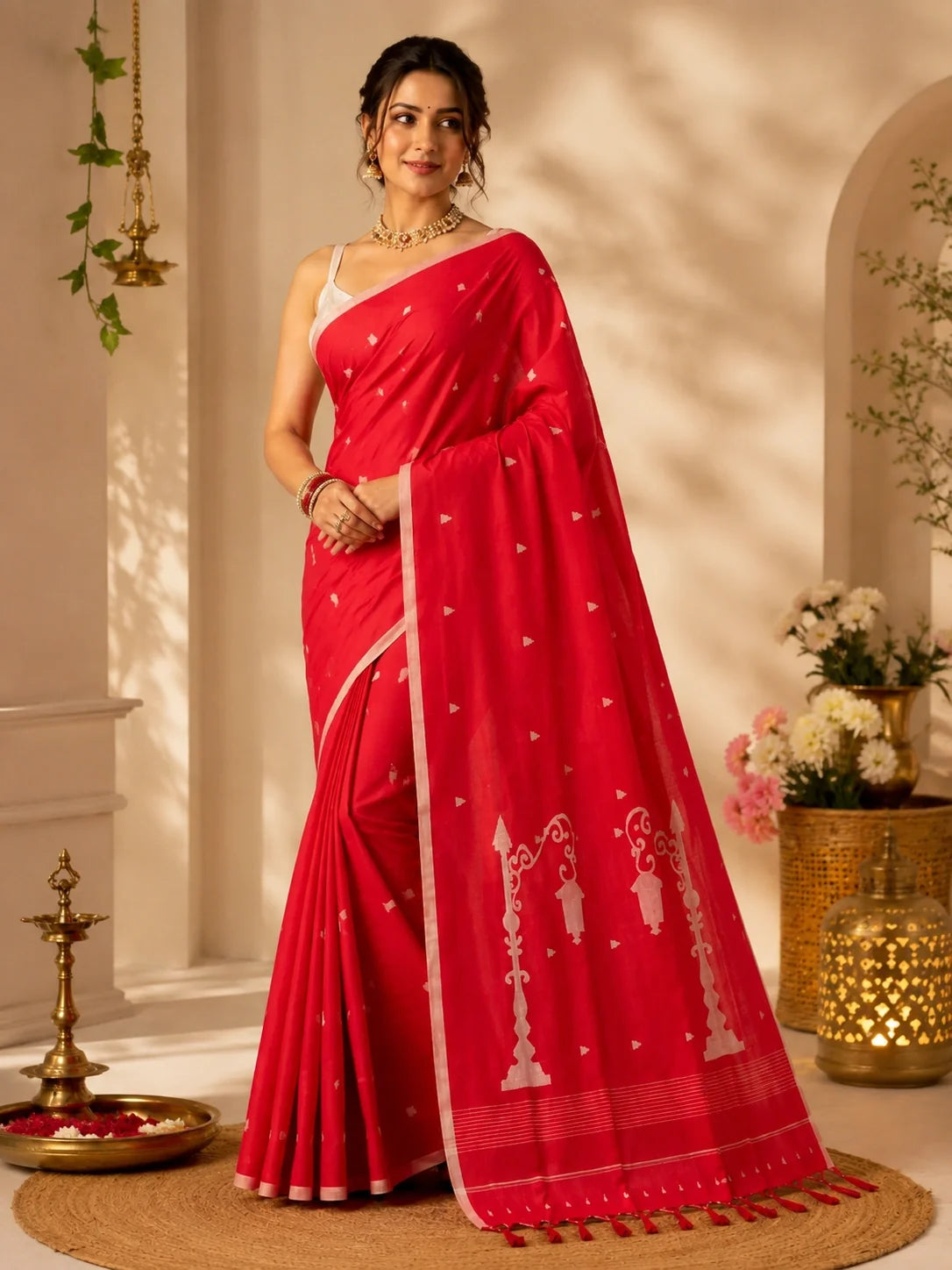 Red Pure Cotton Hand Weaving Jamdani Saree model image