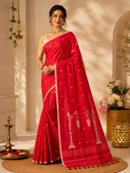 Red Pure Cotton Hand Weaving Jamdani Saree model image