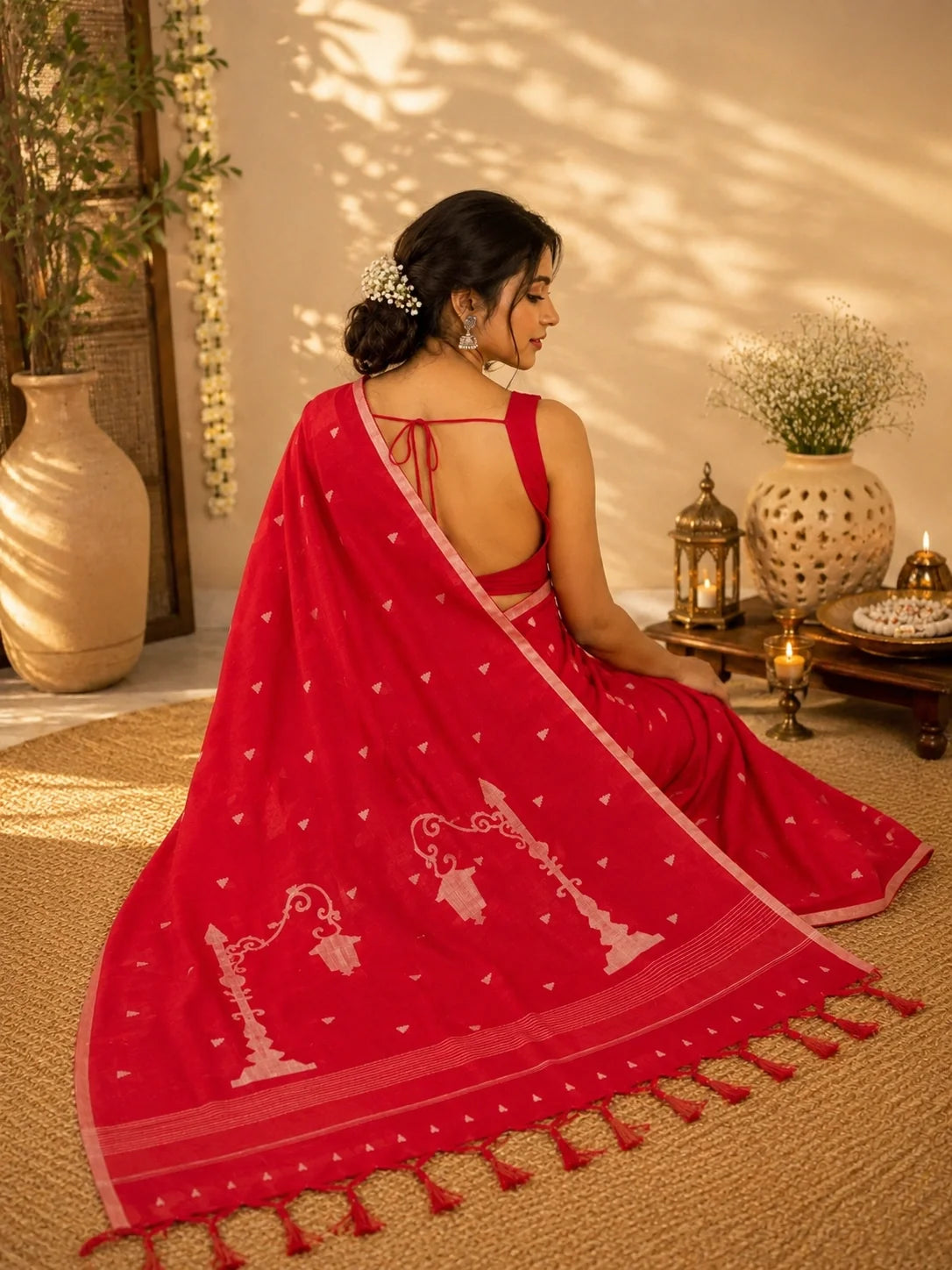 Red Pure Cotton Hand Weaving Jamdani Saree image 2