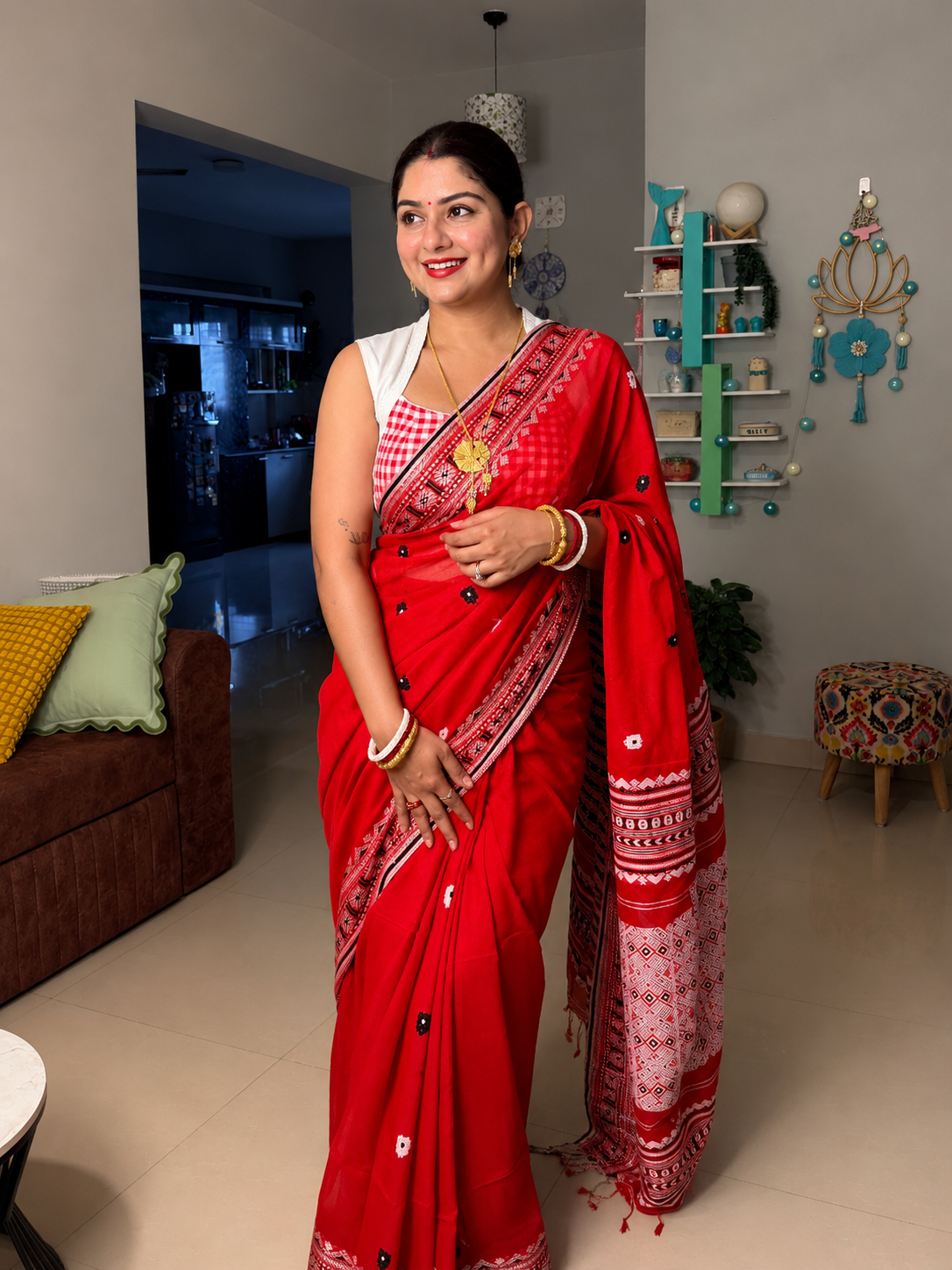 Pure Cotton Weaving Saree in Red with Traditional White Woven Border & Floral Buti Work