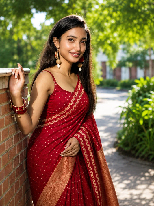 Red Satin Mashru Silk Saree with Gold Woven Buti & Rich Zari Pallu Festive Ethnic Wear