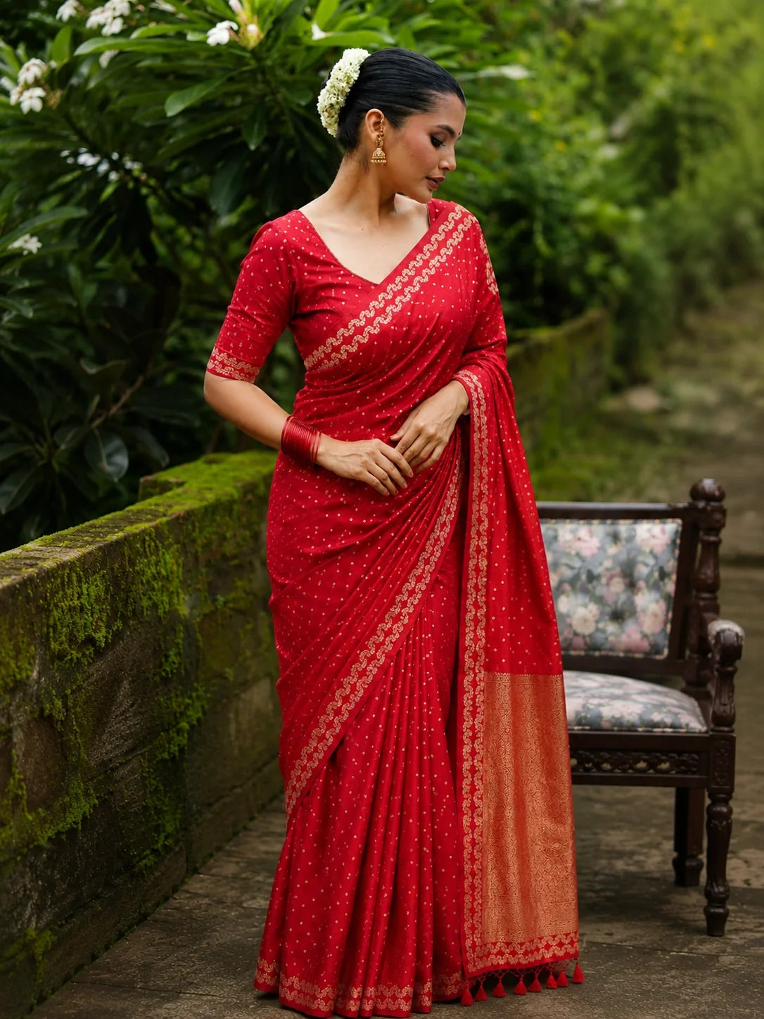 Red Satin Mashru Silk Saree with Gold Woven Buti & Rich Zari Pallu Festive Ethnic Wear