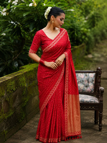 Red Satin Mashru Silk Saree with Gold Woven Buti & Rich Zari Pallu Festive Ethnic Wear