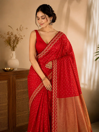 Red Satin Mashru Silk Saree with Gold Woven Buti & Rich Zari Pallu Festive Ethnic Wear