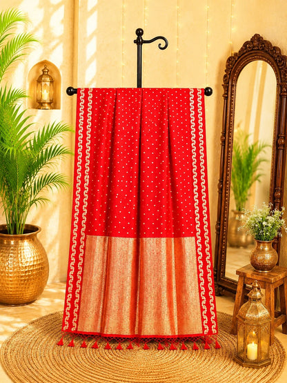 Red Satin Mashru Silk Saree with Gold Woven Buti & Rich Zari Pallu Festive Ethnic Wear