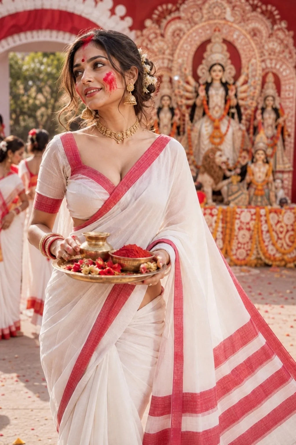 WEVOW Red White Handloom Cotton Saree image 2