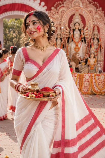 WEVOW Red White Handloom Cotton Saree image 2