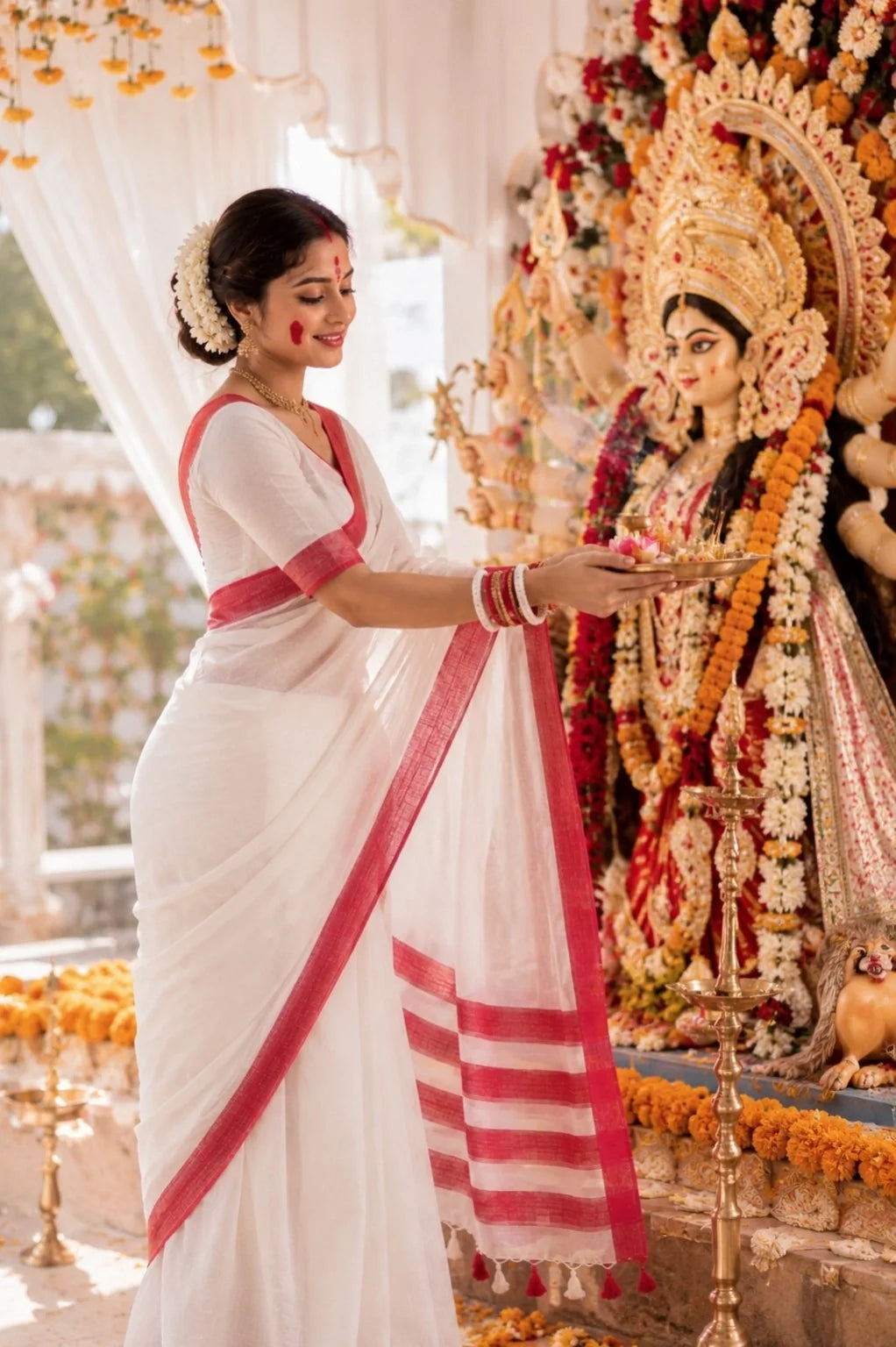 WEVOW Red White Handloom Cotton Saree image 3