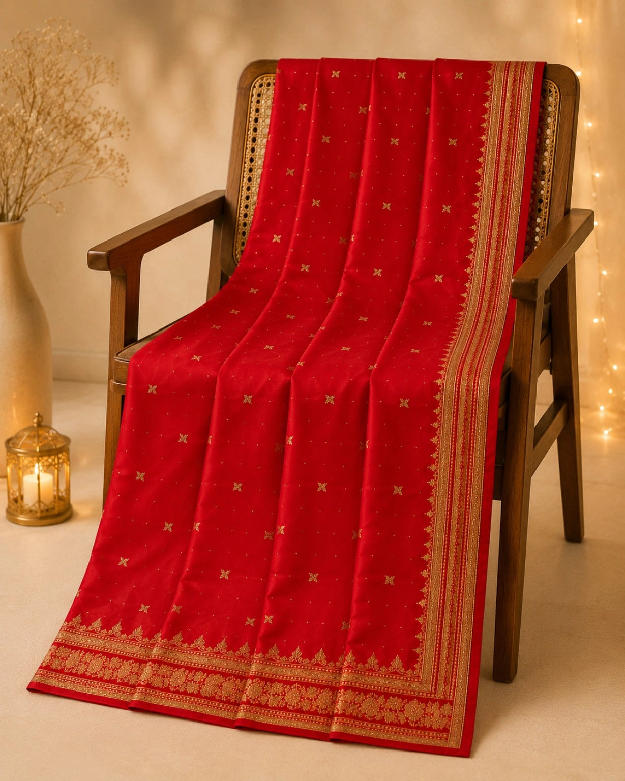 Pure Katan Banarasi Saree in Royal Red with Gold Zari Buti & Traditional Floral Border