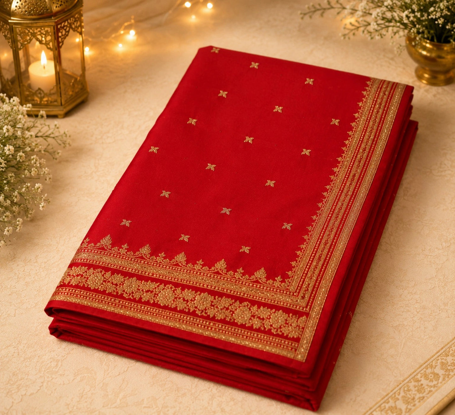 Pure Katan Banarasi Saree in Royal Red with Gold Zari Buti & Traditional Floral Border