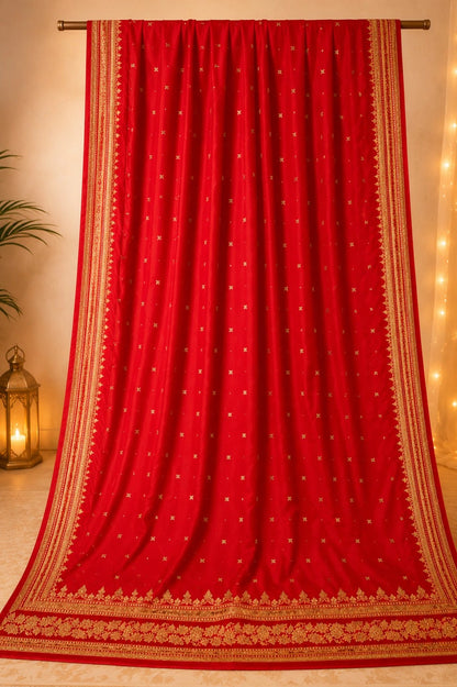 Pure Katan Banarasi Saree in Royal Red with Gold Zari Buti & Traditional Floral Border