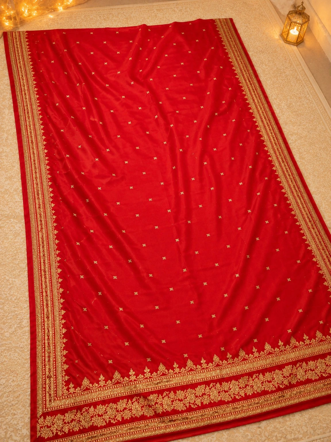 Pure Katan Banarasi Saree in Royal Red with Gold Zari Buti & Traditional Floral Border