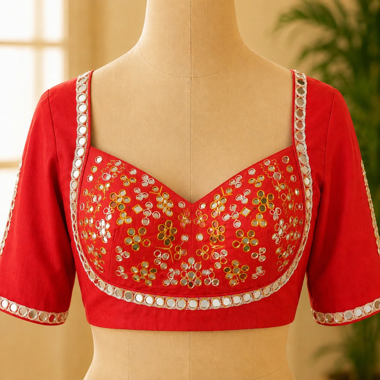Red Pure Cotton Handwork Mirror Work Blouse with Floral Glass Embroidery & Sweetheart Neck