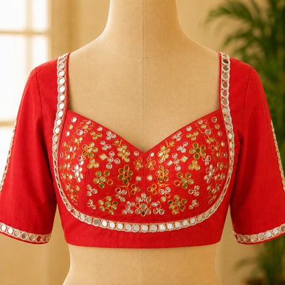 Red Pure Cotton Handwork Mirror Work Blouse with Floral Glass Embroidery & Sweetheart Neck