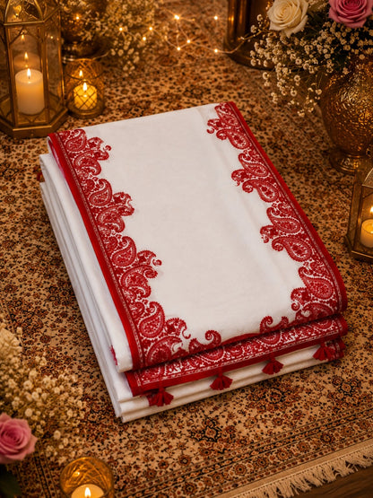 White Soft Georgette Saree with Red Paisley Embroidered Border & Tassel Pallu
