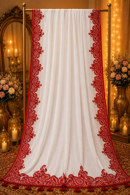 White Soft Georgette Saree with Red Paisley Embroidered Border & Tassel Pallu