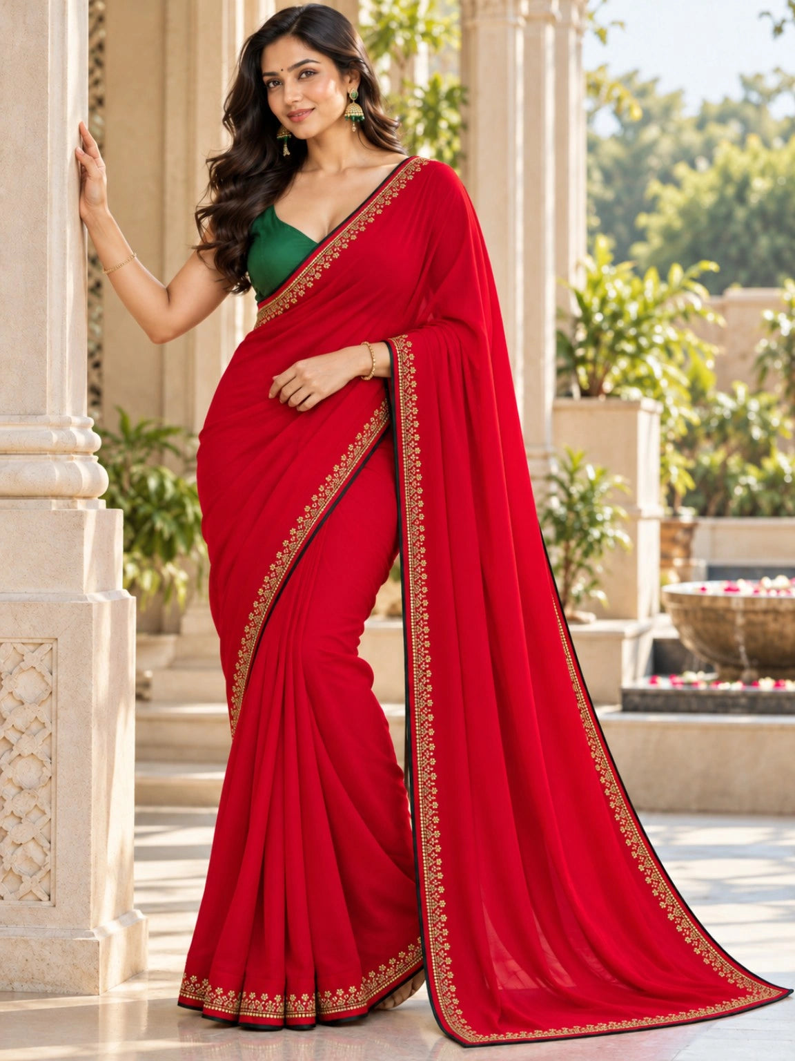 Red Vichitra Silk AD Stone Work Saree with Golden Floral Border