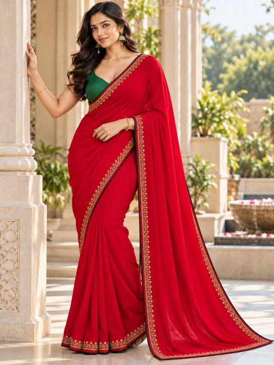 Red Vichitra Silk AD Stone Work Saree with Golden Floral Border