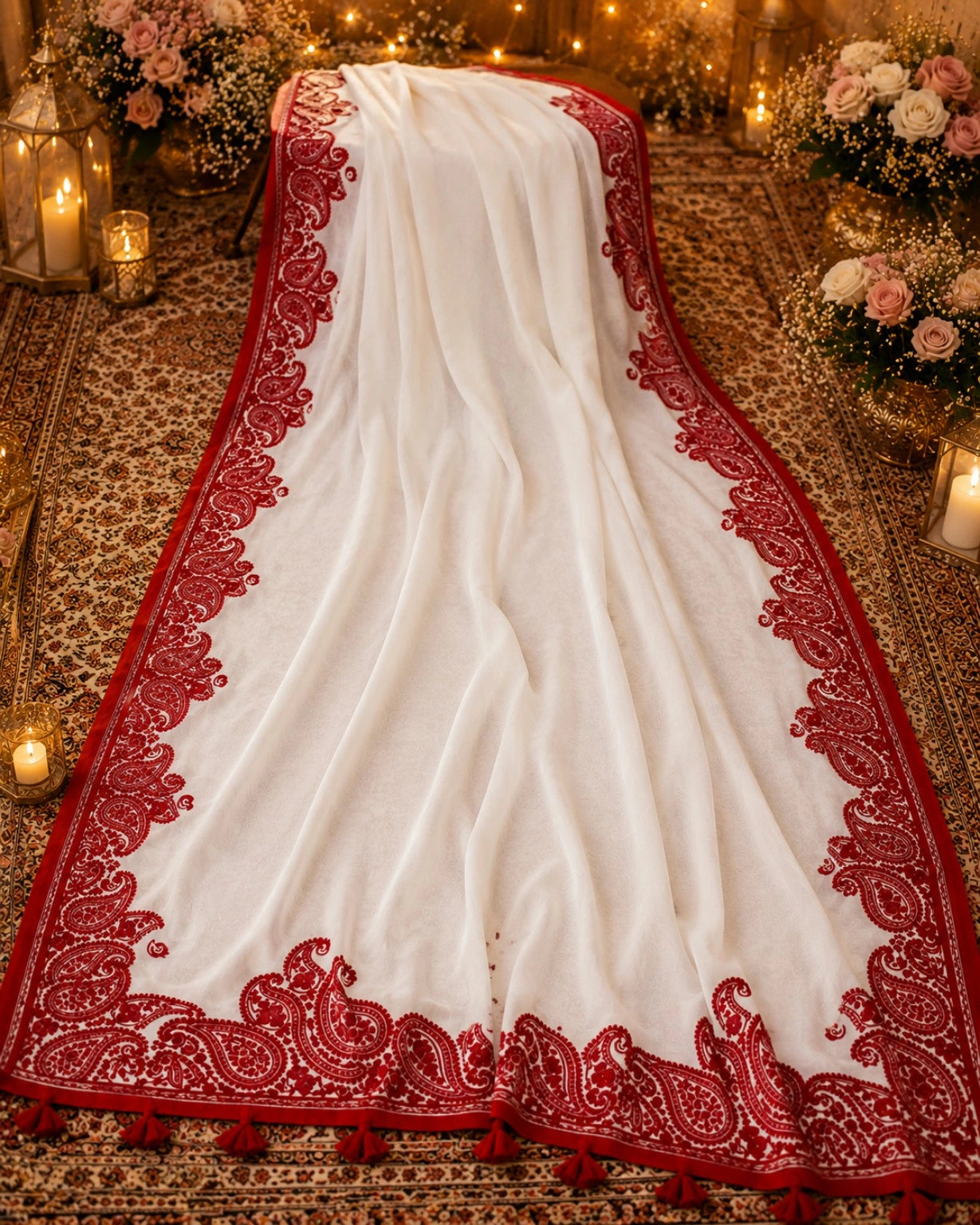 White Soft Georgette Saree with Red Paisley Embroidered Border & Tassel Pallu