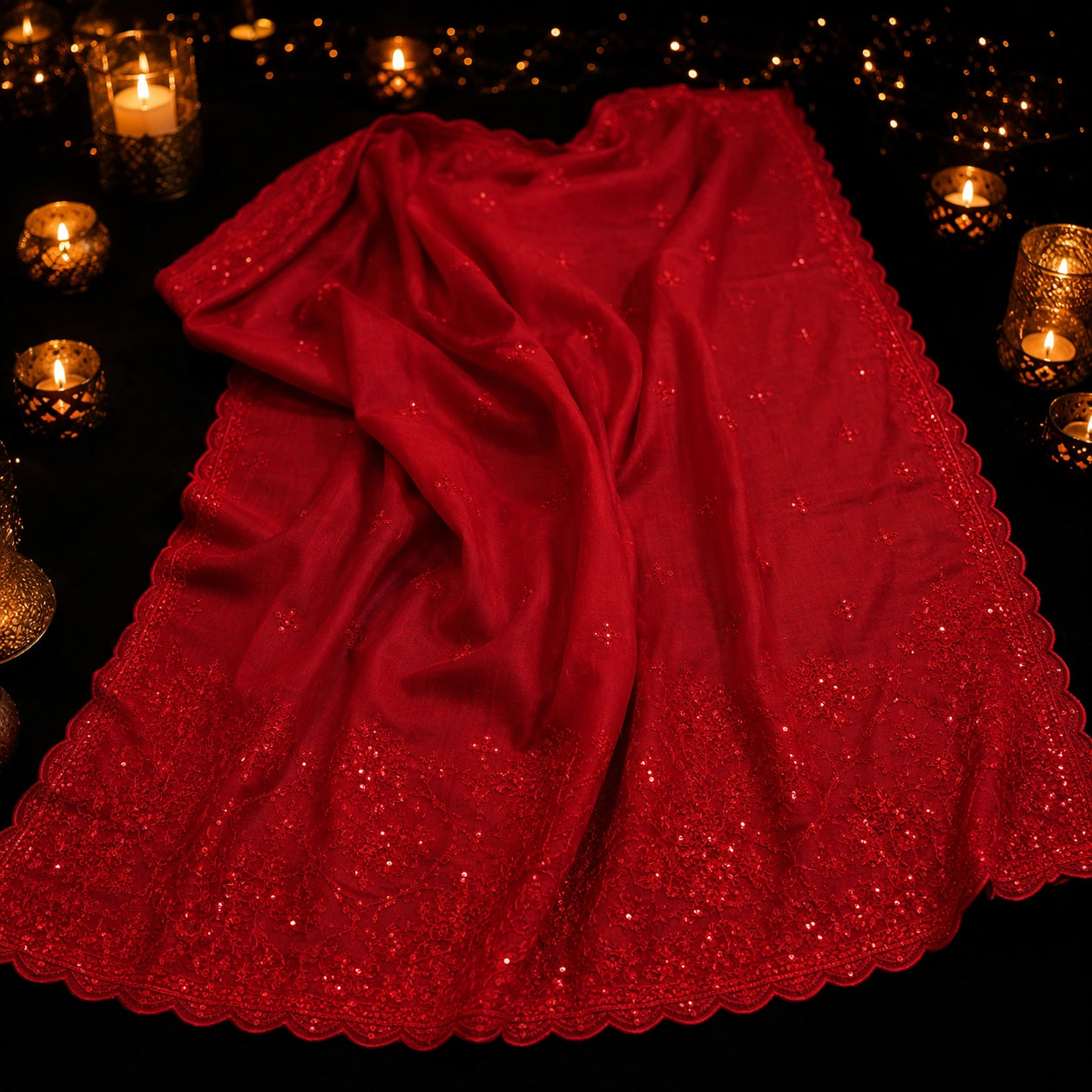 Red Chanderi Sequence Saree with Allover Sequin Detailing and Embellished Border