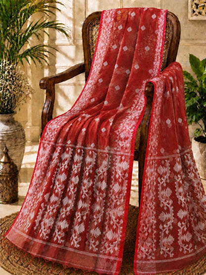 Brick Red Muslin Jamdani Saree with White Floral Buti and Traditional Woven Pallu