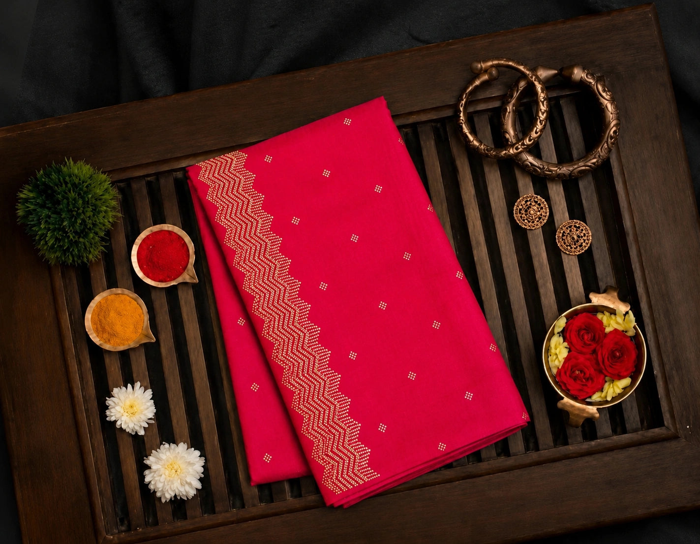 Rani Pink Fandy Buta Saree with Gold Zigzag Border and Buti Work