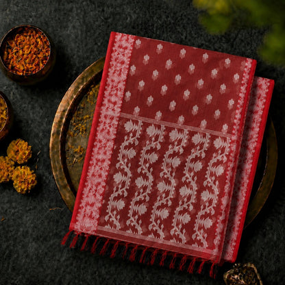 Brick Red Muslin Jamdani Saree with White Floral Buti and Traditional Woven Pallu