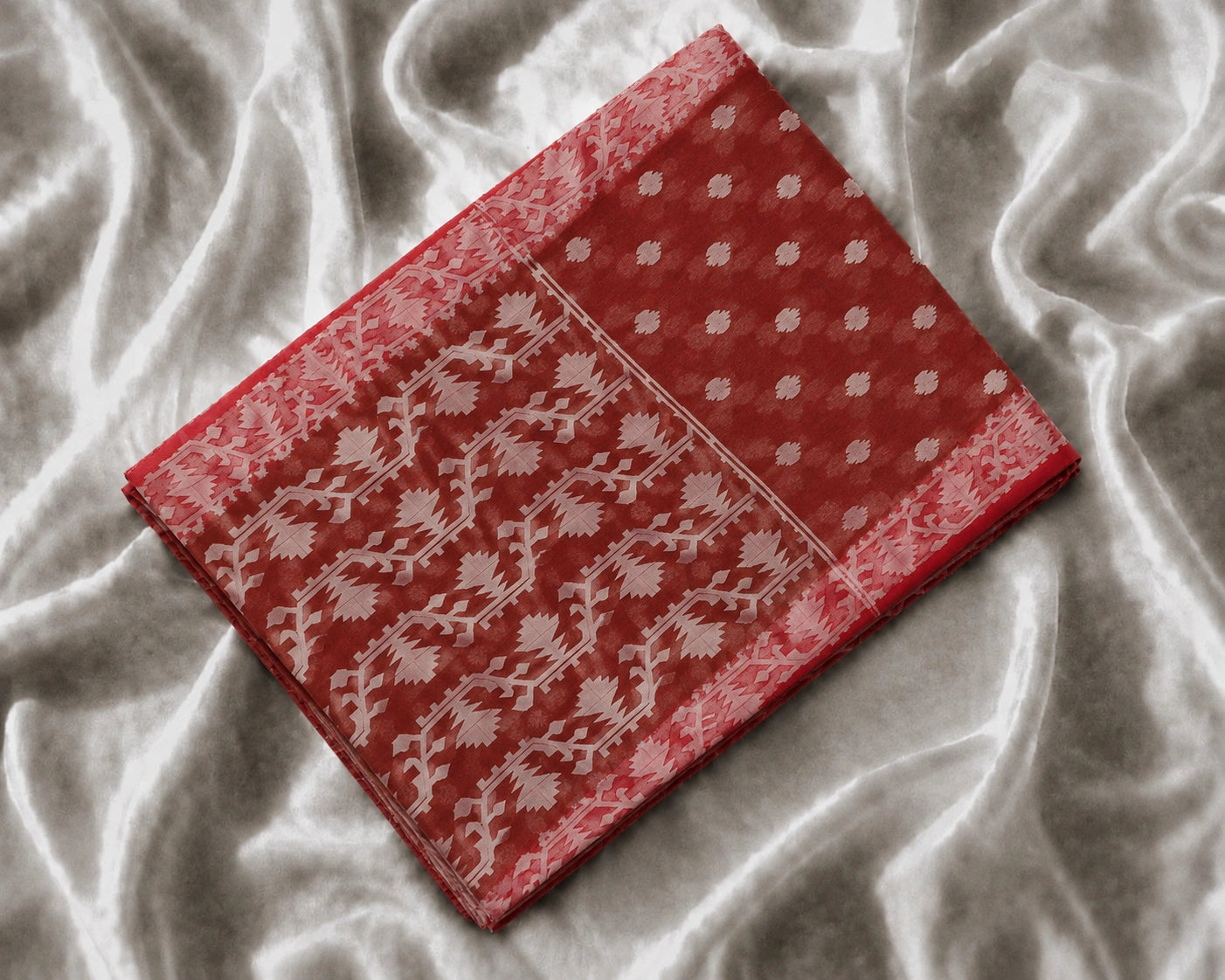 Brick Red Muslin Jamdani Saree with White Floral Buti and Traditional Woven Pallu